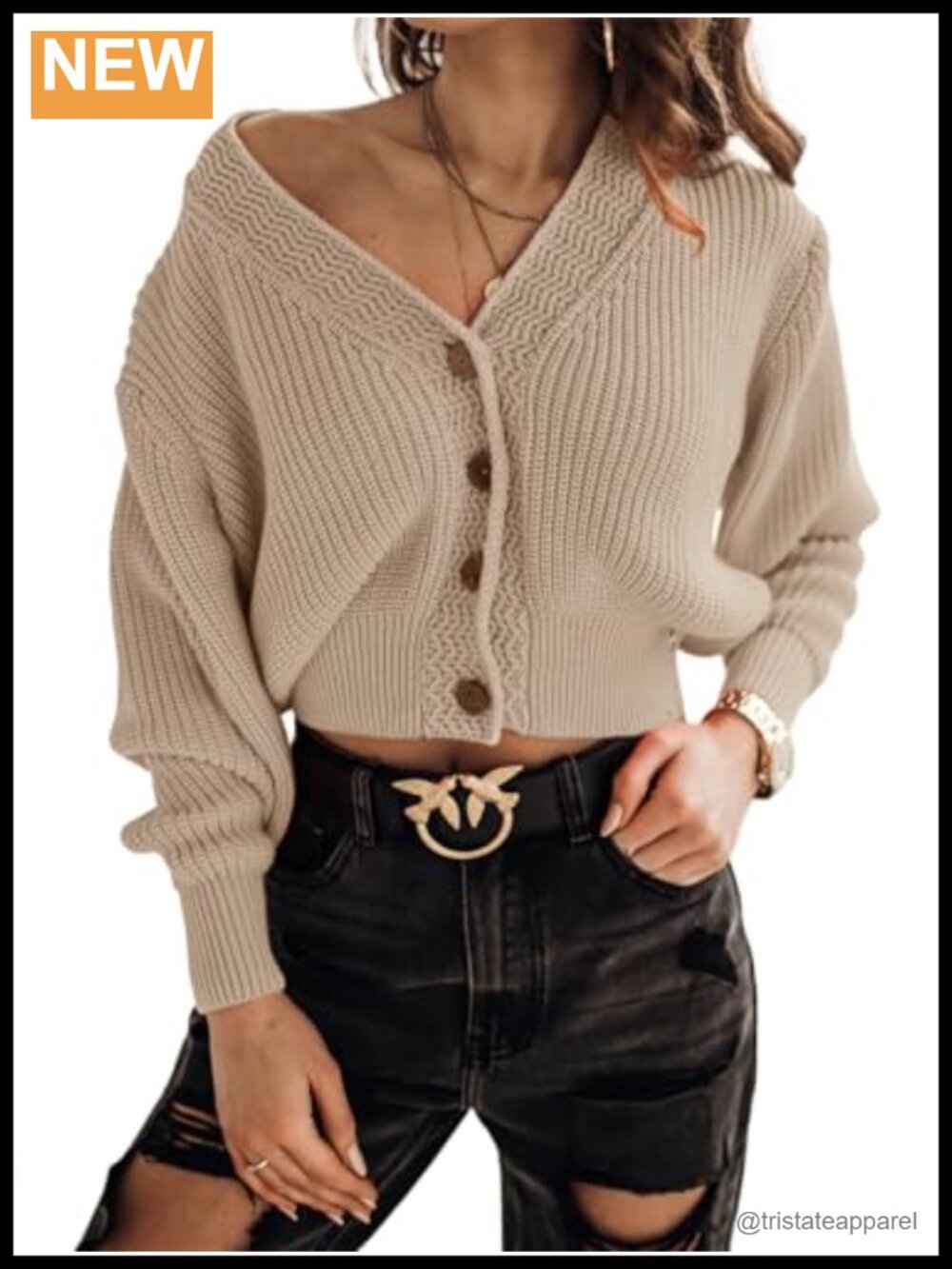 Womens Cropped Cardigan Chunky V Neck Button Front Long Sleeve Knit Shrug